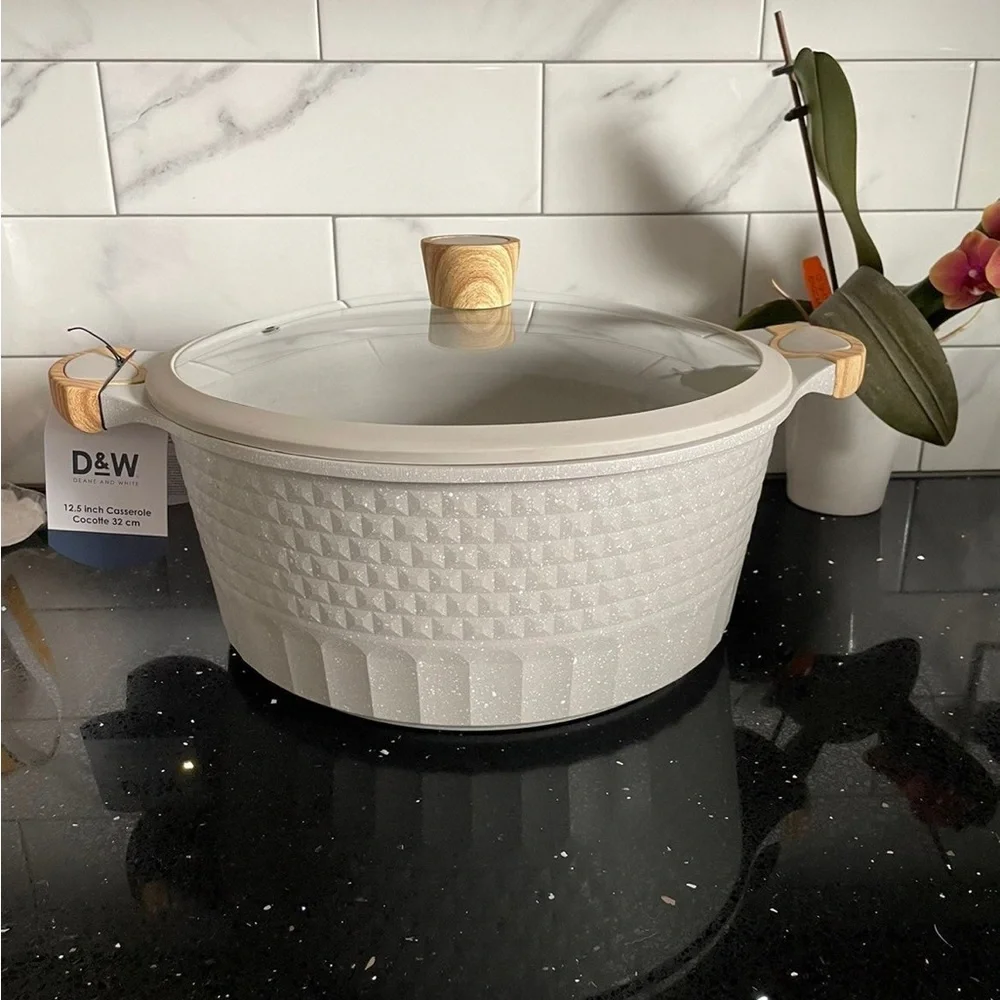 Light Gray Ceramic Nonstick Cookware Set with Wood-Effect Handles
